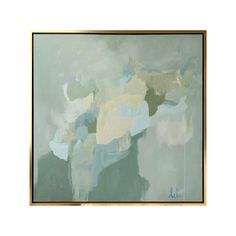 an abstract painting with blue, green and beige colors on it's wall frame