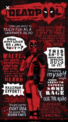 the deadpool poster is shown in red, black and white with words above it