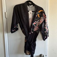 Short Kimono With Tie. Black With Flowers And Coy. One Size. Nwt Black Printed Kimono With Kimono Sleeves, Black Long Sleeve Kimono With Floral Print, Casual Printed Black Kimono, Casual Black Printed Kimono, Black Floral Print Kimono For Summer, Summer Black Floral Print Kimono, Short Kimono, Kimonos, Flowers