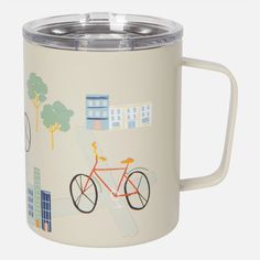 a white coffee cup with a bicycle on it