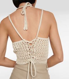 Jonathan Simkhai - Ralia cotton-blend crocheted crop top | Mytheresa Summer Beige Crochet Halter Neck Top, Beige Halter Neck Crochet Top For Summer, Chic Crochet Halter Neck Top For Vacation, Chic Cotton Halter Neck Crop Top, Chic Crop Top With Crochet Trim For Beach, Beige Halter Neck Crop Top For Vacation, Chic Fitted Crochet Crop Top, Cropped Crochet Top With Trim For Vacation, Cropped Crochet Top With Crochet Trim For Summer