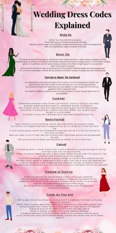 the wedding dress code is displayed on a pink and white background with flowers, people, and