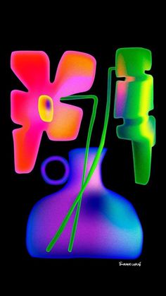 a colorful vase with two flowers in it on a black background and the word art spelled out