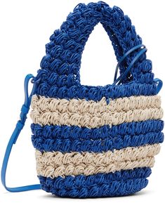 Crocheted cotton shoulder bag striped in blue and off-white. · Integrated carry handle · Adjustable and detachable leather crossbody strap · Detachable logo charm at top · Unlined · H8 x W12 x D4.5 Supplier color: Blue/Off-white Striped Shoulder Bag With Braided Handles, Blue Shoulder Bag With Round Handle, Blue Shoulder Bag With Top Round Handle, Striped Top Handle Bag For Shopping, Blue Bags With Top Carry Round Handle, Blue Crossbody Bucket Bag With Top Carry Handle, Blue Top Handle Shoulder Bag With Braided Handles, Striped Top Handle Bag For Everyday Use, Blue Bag With Round Handle For Daily Use