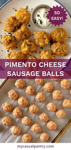 pinenut cheese sausage balls on a plate with ranch dressing in the background and text overlay that says pinenut cheese sausage balls