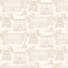 a wallpaper with a house and trees on the outside, in beige color scheme