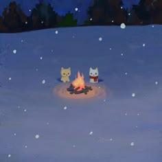 two cats sitting around a campfire in the middle of a snow covered field at night