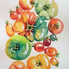 watercolor painting of tomatoes and peppers on white paper with green, orange, and red colors