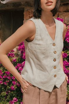 Made with 100% certified European linen OEKO TEX certified Stone washed for maximum softness Sleeveless button-down Made in Vilnius, Lithuania Made from premium linen fabric, the Greta Linen Vest ensures comfort and breathability throughout the day. Perfect for layering or wearing on its own, it offers endless styling possibilities for both casual and formal occasions. Pair with the Leah Wide Linen Pants With Slits, Barbora Straight Linen Pants, Ciara Linen Slip Skirt, or Mona Long Linen Skirt. Linen Vest Top, Classic Tailored Linen Vest, Linen V-neck Vest For Day Out, V-neck Linen Summer Vest, Chic Linen V-neck Tank Top, Maternity Nightwear, How To Dress A Bed, Nightwear Women, Short Kimono