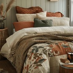 a bed with many pillows and blankets on top of it in a room next to a window