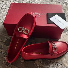 Salvatore Ferragamo Casual Shoes. Gancini Moccasin. Heel: 1 Cm. Material: Calfskin Leather. Made In Italy. Color: Red It’s True To Size Brand New Red Calf Leather Loafers With Round Toe, Red Luxury Loafers With Round Toe, Luxury Red Loafers With Round Toe, Red Calf Leather Formal Loafers, Red Calf Leather Loafers For Formal Occasions, Luxury Loafers With Red Sole And Round Toe, Red Leather Loafers With Removable Insole, Luxury Red Almond Toe Loafers, Leather Loafers With Red Sole