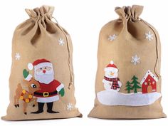 two bags with santa claus and reindeer on them, one has a deer in it