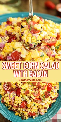 sweet corn salad with bacon on a blue plate