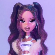 a barbie doll with long hair wearing a white shirt and purple fur stole around her neck