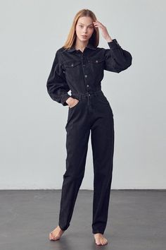 Contemporary High Waist Flap Pocket Half Button Denim Jumpsuit- 80% Cotton, 14% Polyester, 6% Viscose- Non-Stretch Denim- High Rise- Button Front- Collar, Long Sleeve- Imported, Designed In USASize 3- Front Body Length 18 1/4"- Chest 36 1/2"- Shoulder Width 16 1/4"- Sleeve Length 22 1/2"- Waist 28 1/2"- Hip 40"- Front Rise 13"- Leg Opening 13"- Inseam 30"Model wears size 3, height 5'9"*For detail size spec, please message us* Style: Casual Print / Pattern: Black Wash Denim Silhouette: Denim Jump Jumpsuit Fitted, Farm Clothes, Love Clothing, Jumpsuit With Sleeves, Denim Jumpsuit, Sweater Blouse, Black Jumpsuit, Sheer Fabrics, Print Pattern