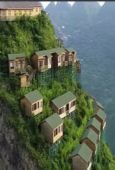 several cabins on the side of a cliff with green vegetation growing up it's sides