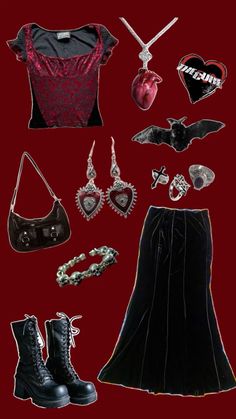 an assortment of clothing and accessories are arranged on a red background, including boots, necklaces, earrings, bracelets, and heart - shaped pendants