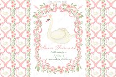 a card with an image of a swan and flowers in the middle, on a white background