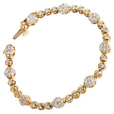 A unique piece within our carefully curated Vintage & Prestige fine jewellery collection, we are delighted to present the following: This pretty Diamond Daisy Bracelet is set in 14K Yellow Gold wit 3.75ct in diamonds. The bracelet measures 160mm. A perfect gift for her. Exquisite Yellow Gold Diamond Bracelet, Dazzling Round Diamond Bracelet With 17 Jewels, Hand-set Yellow Gold Diamond Bracelet For Anniversary, Anniversary Gold Bracelet Hallmarked Round Shape, Yellow Gold Diamond Bracelet Hand Set For Anniversary, Anniversary Diamond Bracelet In Yellow Gold, Fine Jewelry Gold Diamond Bracelet Hallmarked, Hallmarked Round Gold Bracelet, Hallmarked White Gold Diamond Bracelet