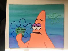 a painting of a cartoon character holding money in one hand and an octopus on the other