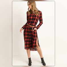 Stylish And Chic! Red And Black Plaid Is Hot. This Dress Let’s You Stand Out From A Crowd Of Button Downs. The Dress Is Button Down With Front Pockets. It Is Made Of 100% Rayon. The Belt Is Not Included. Thank You For Stopping By My Shop Fitted Button-up Plaid Dress With Buttons, Fitted Plaid Button-up Dress, Fall Button-up Plaid Dress, Plaid Cotton V-neck Dress, Plaid Cotton Button-up Dress, Red Black Style, Classic Black Dress, Black Sweater Dress, Striped Midi Dress