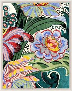 an artistic drawing of flowers and leaves on a green background with blue, red, yellow, pink, orange and white colors