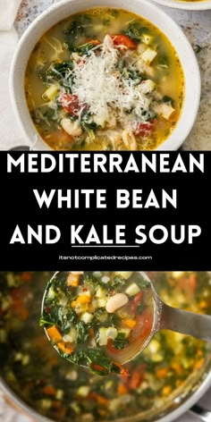 two bowls of mediterranean white bean and kale soup with text overlay that reads, mediterranean bean and white bean and kale soup