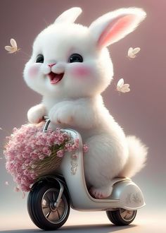 a white rabbit riding on top of a scooter with pink flowers in the basket