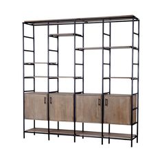 an industrial shelving unit with shelves and cupboards on each side, against a white background