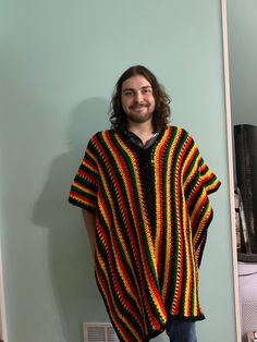 This beautiful Rasta poncho is handmade with love. Made to order! Handmade Multicolor Shawl Poncho, Casual Multicolor Handmade Poncho, Handmade Long Sleeve Poncho One Size, Handmade Black Poncho One Size, Poncho Crochet, Crochet Poncho, Crochet Art, Handmade With Love, Baltimore