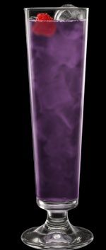 a tall glass filled with purple liquid and a red cherry on top, sitting in front of a black background