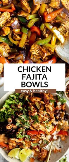 chicken fajita bowls with rice, vegetables and limes on the side in a white bowl