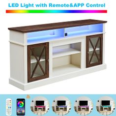 an entertainment center with remote controls and lights