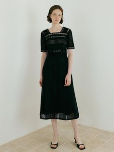 This is a minimal and feminine dress by Lucirzu that is made out of high quality and sturdy material. With distinctive mood of the design and comfortable wear, you can use it for your daily lifestyle.- Square neckline and flared fit- Punching lace fabric with lace tapes- Modern and minimal mood Lace Tape, Feminine Dress, Square Neckline, Lace Fabric, Dress Shop, Black Dress, Lifestyle, Square, Lace