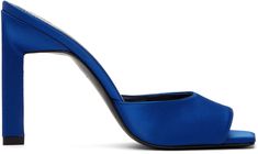 Satin heeled sandals in blue. · Open square toe · Logo printed at padded footbed · Leather sole with rubber injection at heel · Heel: H4 in Supplier color: Blue Luxury Blue Mules, Luxury Blue Sandals With Padded Heel, Evening Blue Mules With Padded Heel, Blue Evening Mules With Padded Heel, Blue Sandals With Sculpted Heel And Square Toe, Blue Mules With Deep Heel Cup And Open Heel, Blue Mules With Sculpted Heel For Party, Elegant Blue Sandals With Sculpted Heel, Blue Luxury Sandals For Formal Occasions