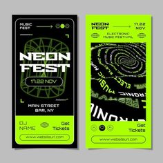 the neon green ticket for neon fest is displayed on a gray background with black and white lettering