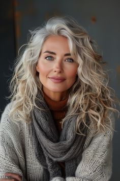 Click for More ➡️ | Save for Later ❤️  Make a statement with long, luxurious curls tipped in gold. This style not only adds dimension but also illuminates your face, perfect for any occasion. (Luxurious Long Curly with Golden Tips - Curly Hairstyles For Women Over 50) Long Curly Blonde Hairstyles, Long Gray Curly Hair Over 50, Medium Length Haircut For Thick Curly Hair, Curly Hairstyles Older Women, Blonde Curly Highlights, Curly Grey Hair Natural Curls, Grey Hair Highlights, Long Gray Hair Over 50, Mid Length Curly Hairstyles