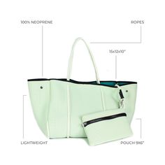 The cool, everyday bag that’s perfect for work, gym, beach, traveling, and everything in between. Neoprene Tote, Latest Handbags, Green Pastel, Work Essentials, Gym Gear, Everyday Tote, Beach Essentials, Handbags Online, Drip Dry