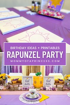 a purple table topped with plates and napkins next to a sign that reads, birthday ideas + printables rapunzel party