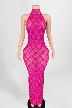 More colors available! You'll be the center of attention in this sheer transparent dress dripping in rhinestones and featuring a coordinating sequin crisscross pattern. Available in multiple colors! Perfect for your special night! Sleeveless Embellished Sequin Dress For Party, Sequin Dress With Rhinestone Fringe For Prom, Fitted Sequin Fabric With Rhinestones For Prom, Pink Party Dresses With Rhinestones, Glamorous Sequined Mesh Prom Dress, Sleeveless Sequined Mesh Dress For Party Season, Pink Sequin Dress For Club, Embellished Stretch Sequin Dress For Party Season, Glamorous Club Mesh Dress With Sequins