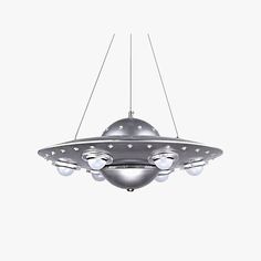 a light fixture hanging from the ceiling in an industrial style space ship shape with five lights on each end