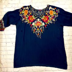 Stunning Euc Johnny Was Silk Baby Blue Tunic With Detailed Embroidery On Neckline And Sleeves. Generous Fit. Embroidered Tunic, Johnny Was, Baby Blue, Navy Blue, Tunic Tops, Navy, Womens Tops, Silk, Red