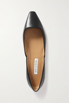 Black Maia grosgrain-trimmed leather ballet flats | Aquazzura | NET-A-PORTER Sleek Ballet Flats With Branded Insole, Chic Ballet Flats For Business With Flat Heel, Sleek Evening Slip-on Ballet Flats, Spring Formal Ballet Flats With Leather Lining, Chic Ballet Flats For Business, Sleek Almond Toe Ballet Flats For Formal Occasions, Evening Leather Ballet Flats With Square Toe, Chic Ballet Flats With Removable Insole For Business, Chic Ballet Flats With Leather Lining For Work