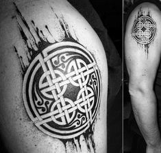 black and white photo of an arm tattoo with celtic designs on both sides of the arm