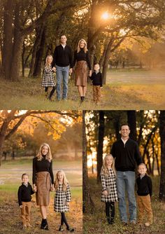 a family poses in front of some trees for their fall photo session at the park