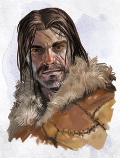 a drawing of a man with long hair wearing a fur coat