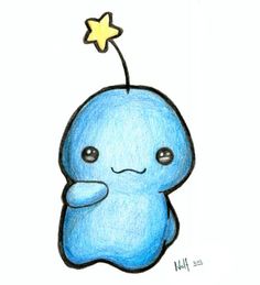 a drawing of a blue cartoon character with a star on its head and eyes, standing in front of a white background