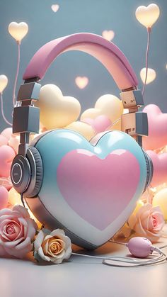 a heart with headphones is surrounded by roses