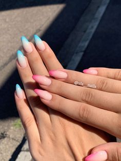 Light Blue And Pink Nails Acrylic, Pink Blue Nails Ombre, Nail Ideas Pink Ombre, Pink Blue Ombré Nails, Blue And Pink Ombre Acrylic Nails, Pink Blue Glitter Nails, Nails Inspiration Blue And Pink, Ombre Nails Blue And Pink, Pink And Blue Tip Nails