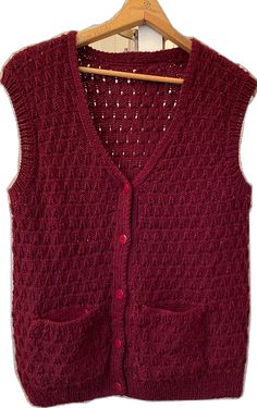 Red Knit Winter Vest, Red Knit Vest For Winter, Red Knit Vest For Fall, Hand Knitted Knit Vest For Winter, Hand Knitted Sleeveless Vest For Fall, Vest Handmade, Handmade Vest, Vest With Pockets, Vest Sweater